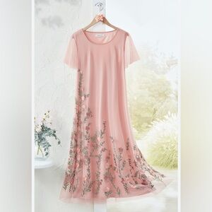 Coldwater Creek Floral Embroidery Mesh Overlay Maxi Dress Romantic Cottage PXL